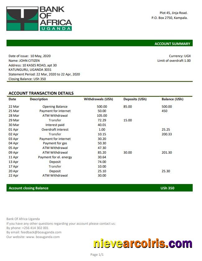 Uganda Bank of Africa proof of address bank statement in Word and PDF format